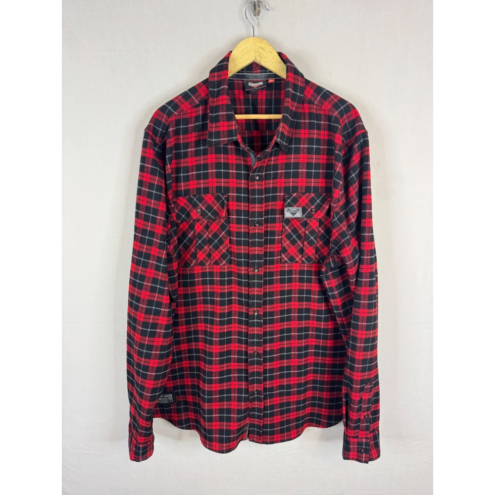 Victory Motorcycles Mens XL Red Black Plaid Flannel Button Down Shirt Stretch